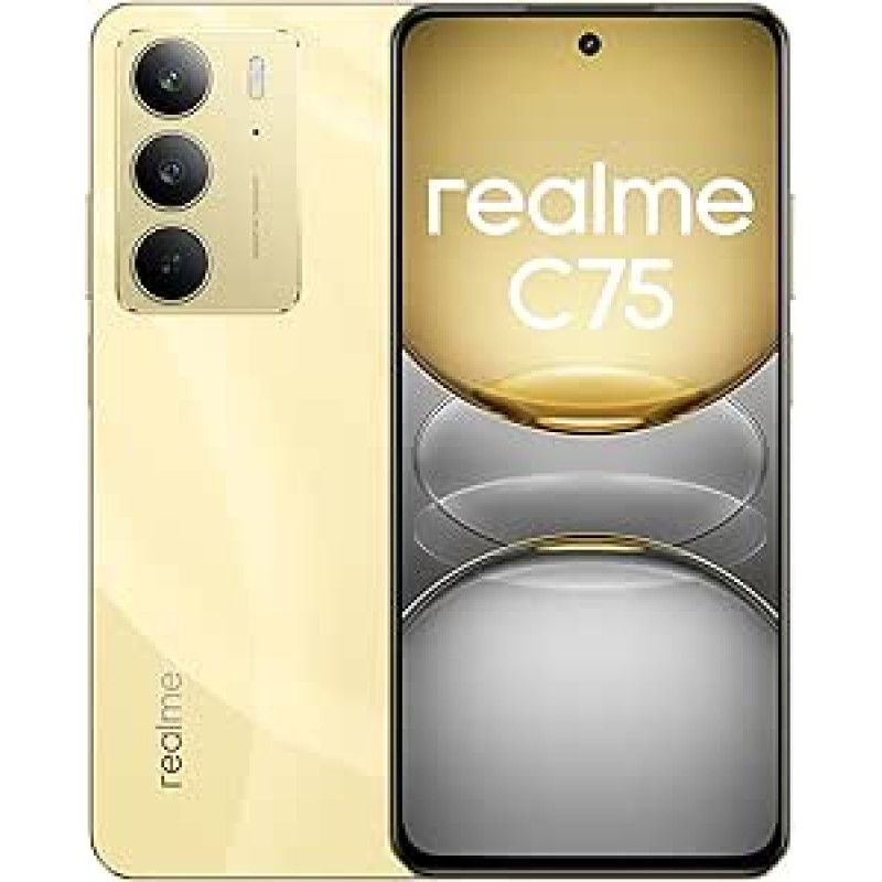 realme C75 nutitelefon, Dual SIM, 8GB RAM + 256GB mälu, 6000mAh aku, 6,7-tolline FHD+ ekraan, 50MP kaksikkaamera, 4G LTE - rahvusvaheline versioon (kuldne)