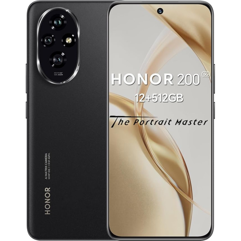 HONOR 200 nutitelefon 5G, Android mobiiltelefonid ilma lepinguta (512GB/12GB RAM, 5200mAh, 6,7-tolline AMOLED ekraan, 50MP kolmekordne põhikaamera, Android 14, Dual SIM, NFC) Mustanahaline