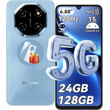 Blackview Shark 6 AI nutitelefon 5G ilma lepinguta, 6,88-tolline 120 Hz mobiiltelefon 5G Android 15, 24GB + 128GB / 2TB TF 5000mAh & 18W, 16MP + 8MP Dual 5G SIM mobiiltelefonid / sõrmejälg / näo ID / GPS / OTG