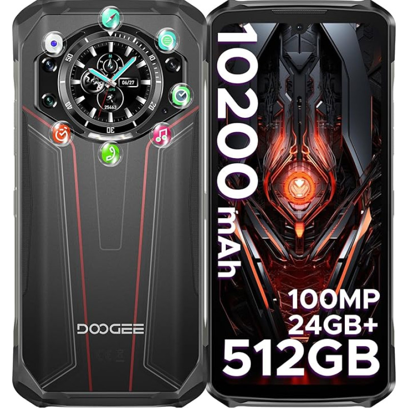 DOOGEE S119 Välitingimustes kasutatav mobiiltelefon ilma lepinguta Android 14-1.32-tolline tagumine ekraan, 512GB + 24GB välitingimustes kasutatav nutitelefon, 10200mAh/33W, 6.72-tolline ehitusplatsi mobiiltelefon, 100MP kaamera vastupidavus