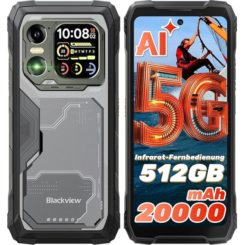 Blackview Xplore 1 5G Välitingimustes kasutatav mobiiltelefon ilma lepinguta (20000mAh) 2,01-tolline tagumine ekraan, 512GB + 48GB välitingimustes kasutatav nutitelefon Android 15, 64MP kaamera vastupidav nutitelefon, 6,78-tolline 120Hz/IP68 IP69K/GPS