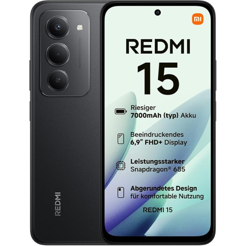 Xiaomi Redmi 15, nutitelefon 6+128GB, 6,9-tolline FHD+ 144Hz DotDisplay, Snapdragon 685, 50MP AI Dual Camera, 7000 mAh aku, Midnight Black