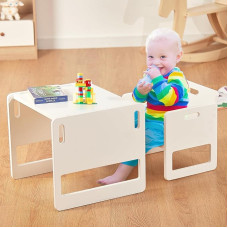 FUNLIO Montessori beebi toidulaud ja tooli komplekt väikelastele 1-3 aastat, reguleeritav kõrgus, laste laud ja tool lugemiseks/söömiseks/mängimiseks, lihtne kokku panna - valge