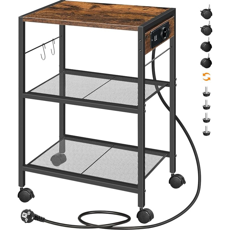 HOOBRO printeri statiiv, 3-tasandiline printeri statiiv koos laadimisjaamaga, rataste/reguleeritavate jalgadega hoiuraam, 2 konksuga, kodukontorisse, vintage pruun ja must EBF22CPS01