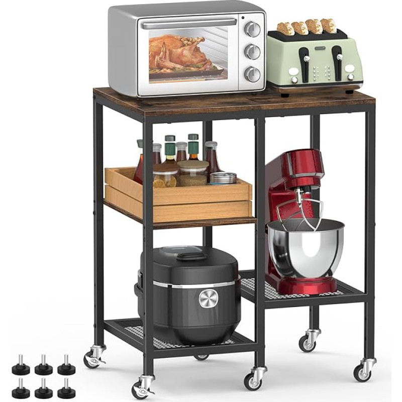 Köögi mikrolaineahju vanker,ratastega mikrolaineahju statiiv,kohvibaarilaud, 4-astmeline rulliv pagaririiul,väikeste seadmete hoidmise riiul,kasulik kõrvallaud kööki,elutuppa (Rustic Brown)