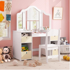 DREAMADE 2-in-1 laste riietuslaud koos väljaheitega ja eemaldatava peegliga, printsessi riietuslaud koos 4 hoiukastiga, laste riietuslaud lastele tüdrukutele (valge koos väljaheitega ja kastiga)