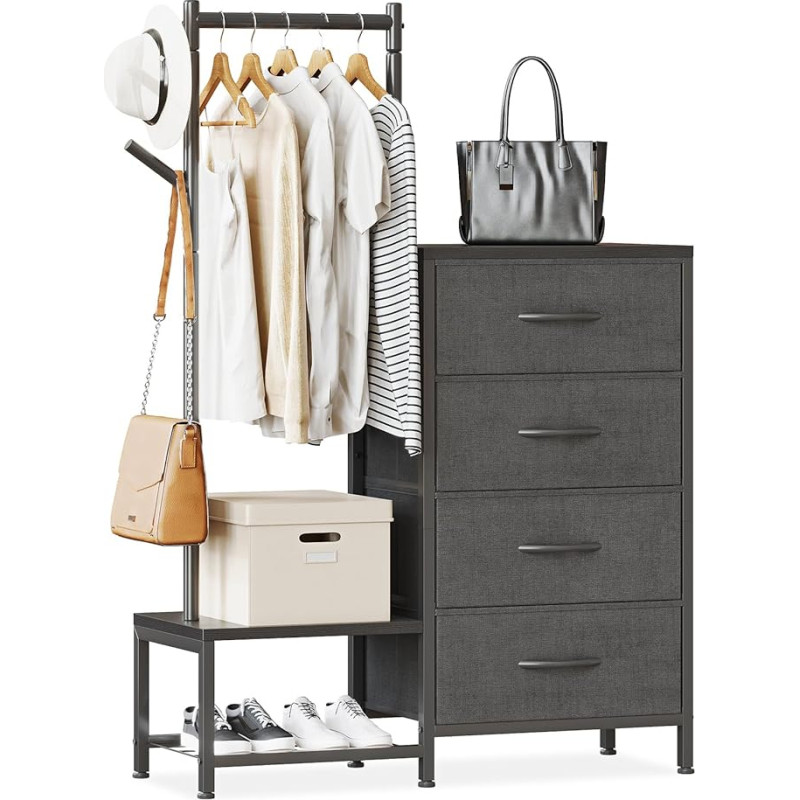 ODK 3-in-1 kapp, 4 sahtli kapp koos vastupidava rõivakapi ja 2 mantli konksuga, kahekihiline kingakapi põhi, 4 riidest sahtlit, sobib magamistuppa ja esikusse, mustas toonis