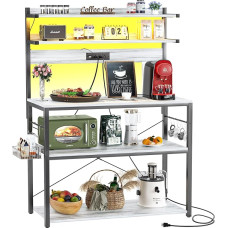 Aheaplus pagaririiul pistikupesaga, mikrolaineahju statiiv, 5 tasandit, kohvibaaristatsion LED tuledega, köögiriiul 6 S-kujulise konksuga, köögiriiul, kohvibaaristatsion, valge tammepuust