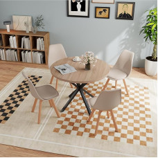 JZGORC söögilaud koos 4 tooliga, söögitoa komplekt, 100 x 100 x 75 cm, ümmargune puidust söögilaud, 4 kõrge seljatoega tooli, jalad puidust pöögist, (helepruun + khaki)