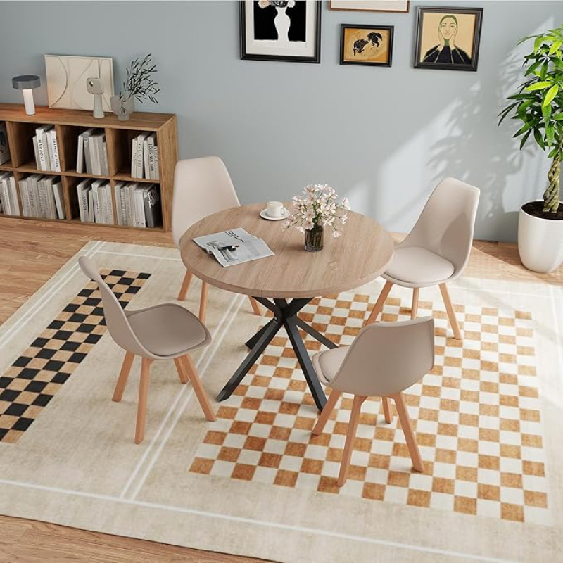 JZGORC söögilaud koos 4 tooliga, söögitoa komplekt, 100 x 100 x 75 cm, ümmargune puidust söögilaud, 4 kõrge seljatoega tooli, jalad puidust pöögist, (helepruun + khaki)