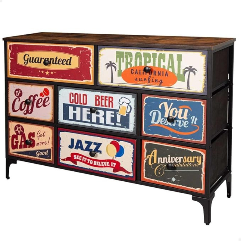 AKTIVE Max Home mitmeotstarbeline magamistoa kapp, retro ja vintage graafika, 8 kerget kangast sahtlit, 103 x 30 x 77 cm, terasraam, puidust pealispind, öökapid, elutoa mööbel (18403)