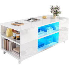 YITAHOME kohvilaud kõrge läikega valge kaasaegne elutoa laud 16-värvilise LED-valgustusega diivanipoolne laud reguleeritava riiuliga 97,5 x 48 x 45 cm