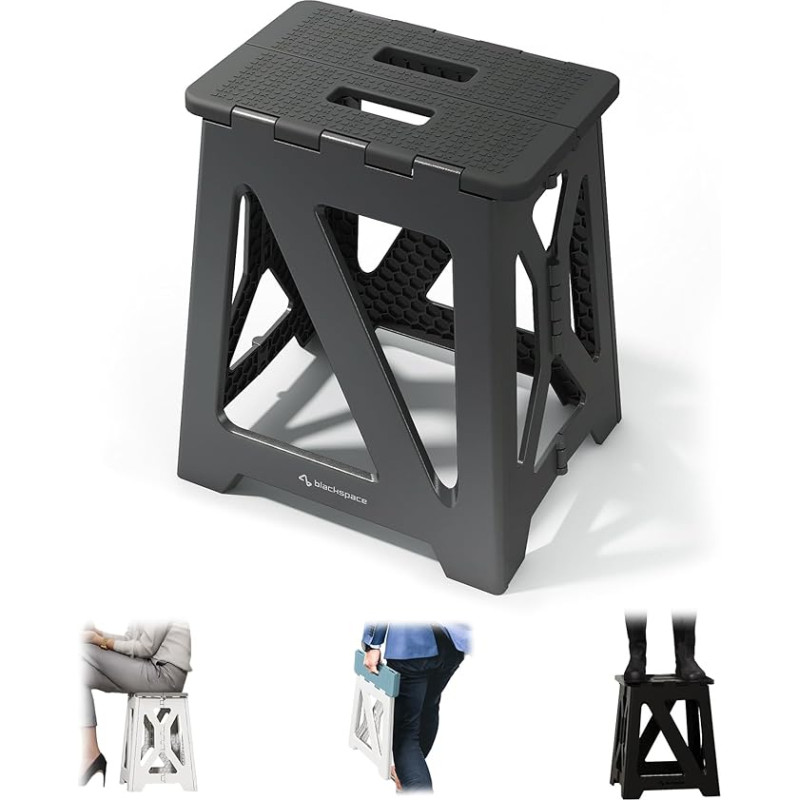 BLACKSPACE kokkupandav trepptool, stabiilne ja libisemisvastane kokkupandav trepptool, kaasaskantav, kerge, ideaalne vannituppa, tualetti, kööki, 40 cm kõrge (must)