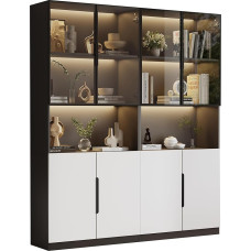 xixiworkshop kaasaegne minimalistlik vitriinkapp klaasustega, vitriinkapp koos, raamaturiiul kollektsiooni jaoks, reguleeritav värvitemperatuur ja heledus, valged uksed musta dekoratsiooniga, 30 x 160 x