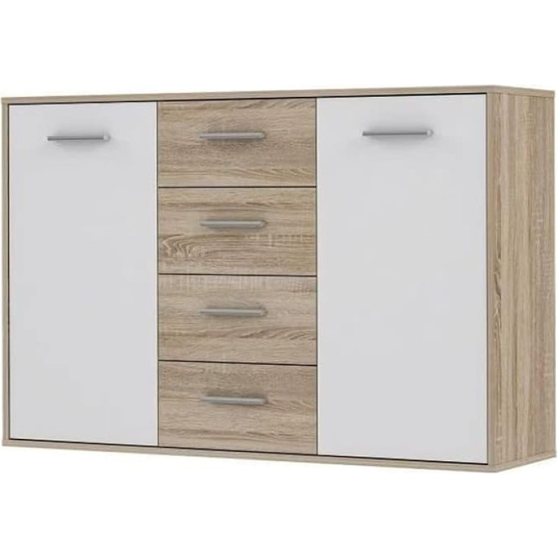 Forte ANTUZA sahtlikapp 120 130, 2 ukse ja 4 sahtliga kapp, kaasaegne küljepink, puukomposiit, Sonoma tammepuidust dekoor/valge, 122,6 cm lai x 88,1 cm kõrge x 34,2 cm sügavus.