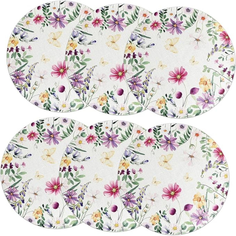 TOYANDONA 6 Stück Teiliges Runde Leinen Platzsets mit Floralem Design Pflegeleicht und Elegant Dekorative Tischsets für Esstisch Abwaschbar Vielseitig für Alltag und Festlichkeiten