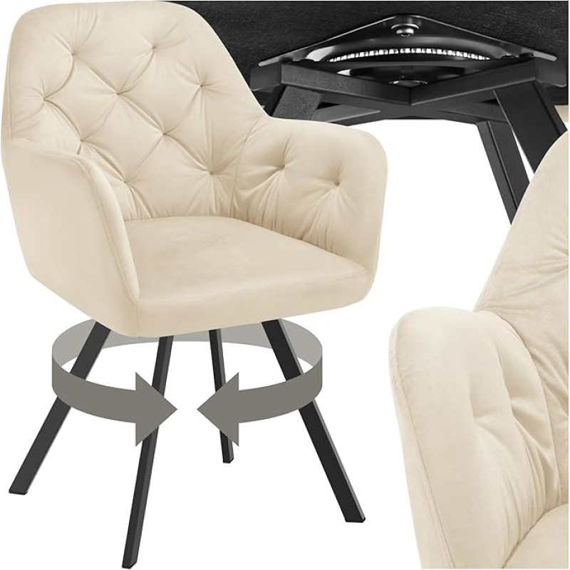 tectake® Söögitoa tool pöörlev käetoega, sametist kangast pöörlev tool, ergonoomiline mööbel elutuppa, toolid söögitooliks, kontorisse, meigitooliks või lauatooliks - kreemikas