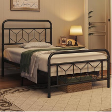 Yaheetech voodiraam 90 x 190 cm, Vintage metallist voodiraam kõrge peatsiga, kaasaegne minimalistlik üheinimesevoodi lamelliraamiga ja voodi all hoiuruumiga, külalisvoodi magamistuppa, must