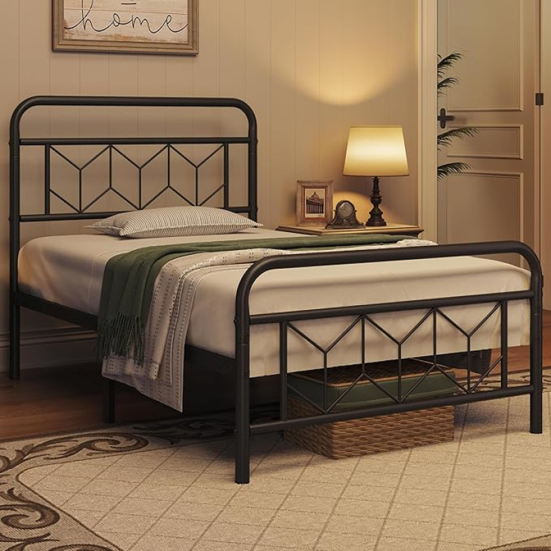 Yaheetech voodiraam 90 x 190 cm, Vintage metallist voodiraam kõrge peatsiga, kaasaegne minimalistlik üheinimesevoodi lamelliraamiga ja voodi all hoiuruumiga, külalisvoodi magamistuppa, must