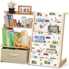 decalsweet Laste riiul 4 riiuli ja 3 avatud sektsiooniga, puidust raamaturiiul lastele kastide ja 3 taskuga, mänguasjade organiseerija, lastetoa mööbel, armas mustriga hoiuriiul