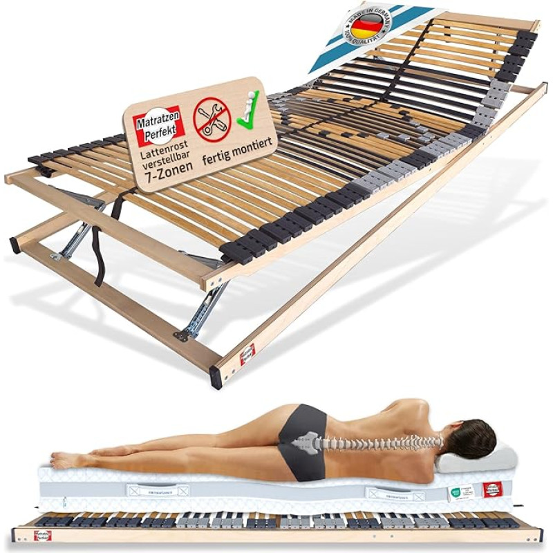 Matratzen Perfekt 7-tsooniline lamelliraam 120 x 200 cm 42 lamelli 8,5 cm Kõrge kõvadus Reguleeritav kuni 200 kg kandevõime Käsitsi reguleeritav Made in Germany