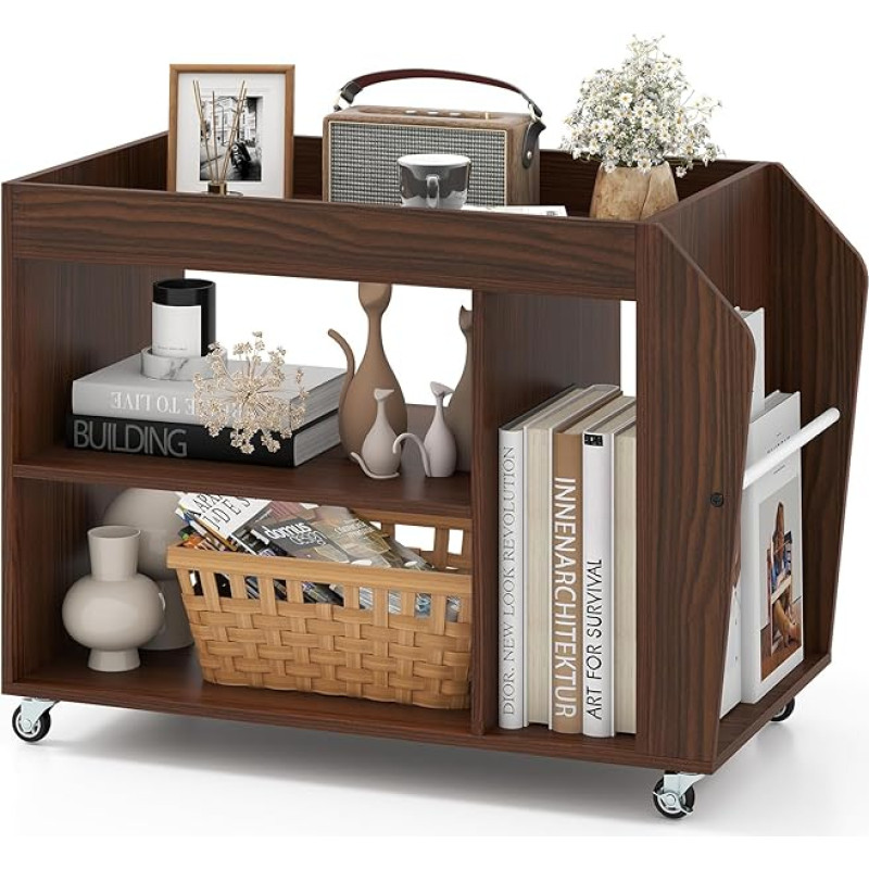 COSTWAY Küljelaud 3 tasandit Öölaud puidust ratastega rulluv diivanilaud õppetööks, elutuppa ja magamistuppa