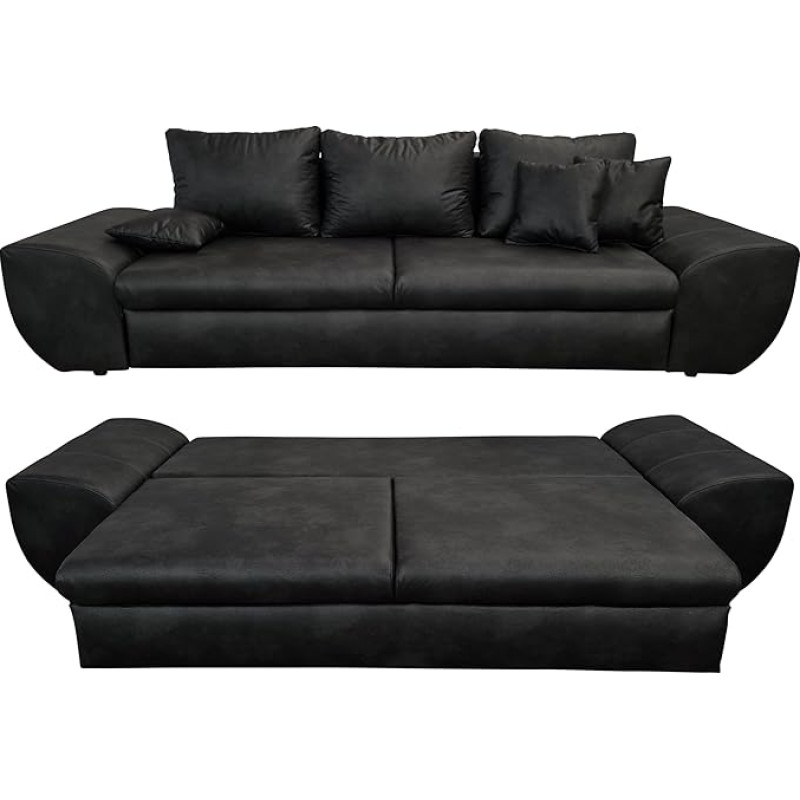 Vintage suur diivan magamisfunktsiooniga ja voodikastiga, B 275 x S 98 x K 90 cm, XXL Trend diivan 275 cm lai, lainetugi, lamamispind 148 x 194 cm, mikrokiudkangas nahkjas välimusega must / 18010