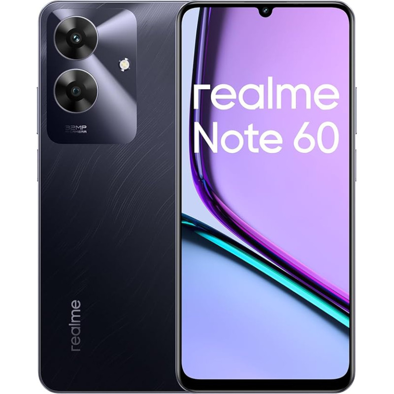 realme Note 60 Android nutitelefon, 4G mobiiltelefon Dual SIM, 90Hz 6,74-tolline LCD ekraan, 6GB RAM 128GB ROM aku, 5000mAh aku, 32MP helendav kaamera, must, ilma adapterita