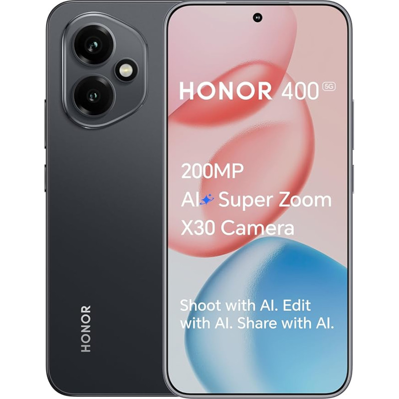 HONOR 400 nutitelefon, 5G telefon, 200MP AI Super Zoom kaamera, 6,5-tolline, 8GB+256GB, 5000 Nits Ultra Bright ekraan, 5-tärni kukkumiskindlus, Dual SIM, Android 15, must