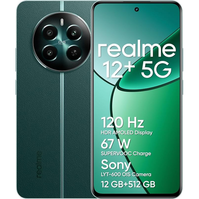 realme 12+ 5G nutitelefon 12 + 512 GB NFC-ga, Sony LYT-600 OIS portreekaamera, Dimensity 7050 5G kiibistik, 120Hz AMOLED ekraan, Rainwater Smart Touch, 67W Supervooc Charge, Pioneer Green (no