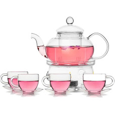 TAMUME Classic Style Blooming Glass Tea Set Including 1 x 600 ml Teapot and 1 Tea Warmer with 4 Cups and 4 x 100 ml Saucers Glassware Teapot and Tea Set