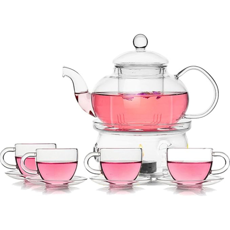 TAMUME Classic Style Blooming Glass Tea Set Including 1 x 600 ml Teapot and 1 Tea Warmer with 4 Cups and 4 x 100 ml Saucers Glassware Teapot and Tea Set