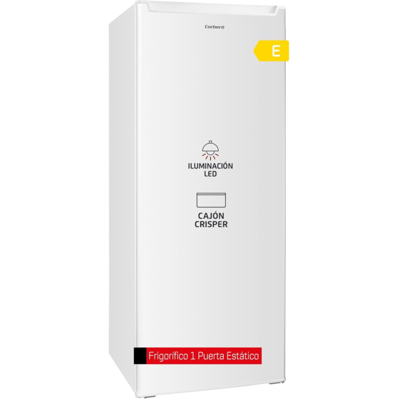 Corbero - Fridge with 1 Door | Capacity 242 L | CCLH14324W | Interior Lighting | Crisper | Glass Shelves | Reversible Door | Easy Operation | Height Adjustable Feet | 40 dB | Class E | White