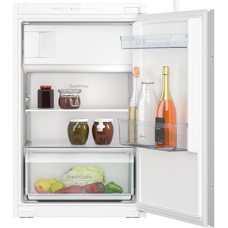 NEFF KI2221SE0, N 30, Built-In Fridge, Built-in Fridge with Freezer Compartment 88 x 56 cm, 104 L Cooling, 15 L Freezer, Tow Hinge, LED Lighting, EcoAirflow, Safety Glass Shelves
