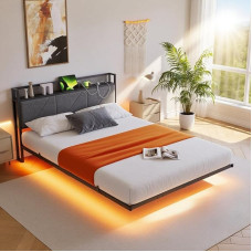 HAHRIR 140 x 200 cm hõljuv voodiraam LED tuledega ja USB laadimisjaamaga, metallist platvormvoodiraam pehmendusega peatoe hoiuga, raskeveokite metallliistud, müravaba/tumehall