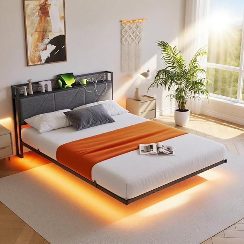 HAHRIR 140 x 200 cm hõljuv voodiraam LED tuledega ja USB laadimisjaamaga, metallist platvormvoodiraam pehmendusega peatoe hoiuga, raskeveokite metallliistud, müravaba/tumehall