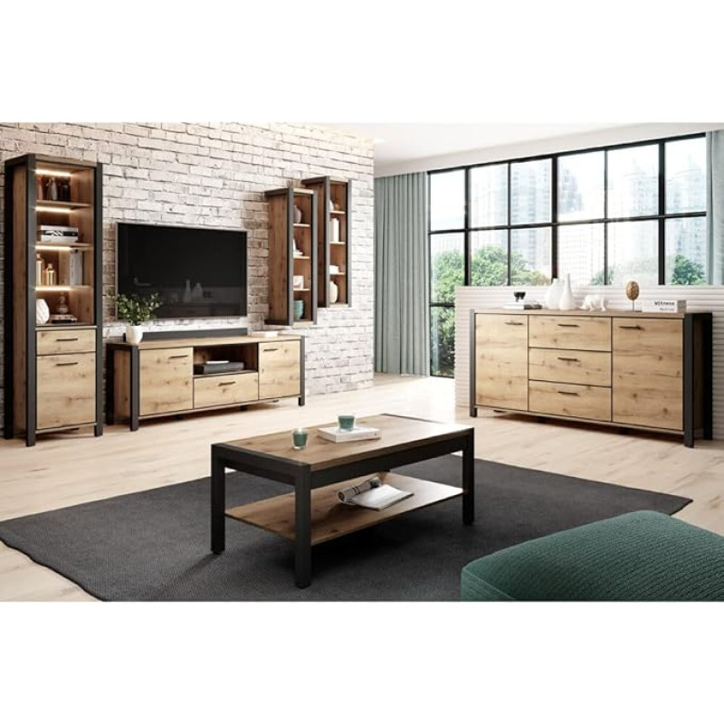 Lomadox kaasaegne elutoa komplekt koos kohvilaua ja küljeplaadiga Taurus tammepuust koos valgustusega Laius x kõrgus x sügavus ca 200 x 250 x 41 cm.