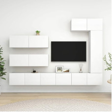 Homgoday TV-Möbel-Set, 7-osaline, valge, aus Spanplatte, TV-Schrank, madal TV-Schrank, Couchtisch, TV-Ständer für Wohnzimmer