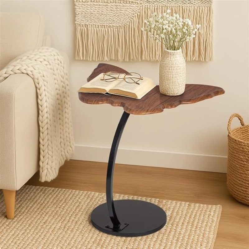 Todeco küljelaud C-kujuline liblika disainiga, stiilne diivanilaud ilusas pähklipuu välimuses, väike kohvilaud metallraamiga, kohvilaud elutuppa, magamistuppa, sissepääsuks