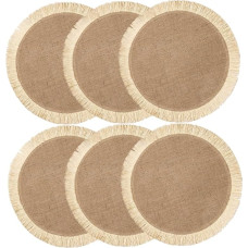 AUTSUPPL 6 Stück Teiliges Rundes Jute platzset mit Rustikalem Landhausstil Hitzebeständiges Gewebtes Tischset mit Fransen Isolierende Unterlage für Töpfe Geeignet für Esszimmer Küche und