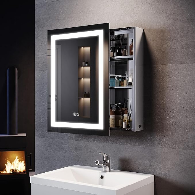 SONNI Peegelkapp koos valgustusega 50 x 70 cm lükanduksega uduvastane vannitoa peegelkapp koos pesumasinate pistikupesaga 3 lülitusrežiimiga vannitoa peegelkapp