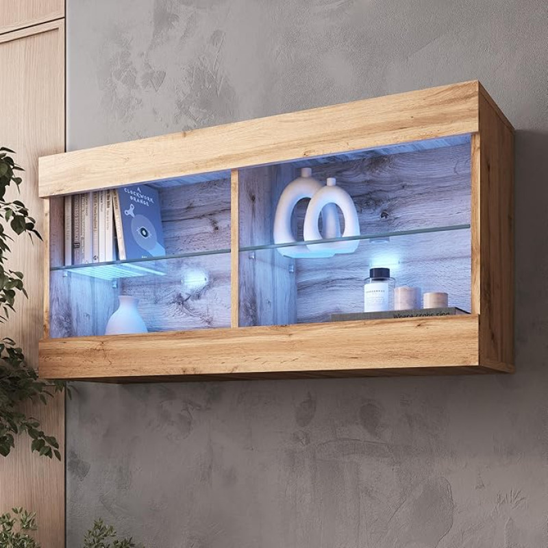 Komodee, Tivoli rippuv vitriinkapp, Wotan/Wotan, laius 100 cm x kõrgus 50 cm x sügavus 29 cm, LED sinine, 2 riiulit, elutuppa, magamistuppa, esikusse