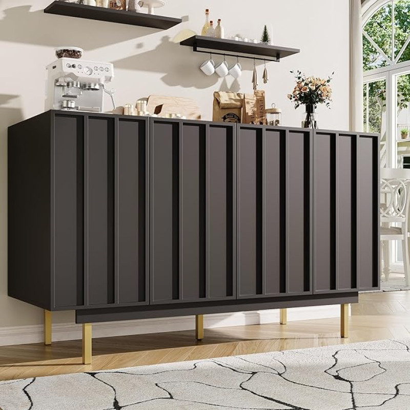Merax Sideboard, 140 cm, köögikapp, 4 uksega puhvetkapp, köögibuffet reguleeritavate riiulitega, disain uksega hoiukapp, metallist jalad, elutuppa, kööki, söögituppa