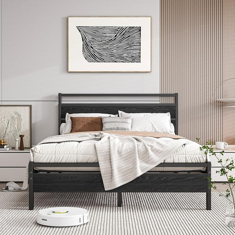 BORPHOM metallist voodiraam 140 x 200 cm voodiraam lamelliraamiga, kaheinimesevoodi 140 x 200 cm puidust peatsiga, külalisvoodi, noorte voodi, magamistuppa, külalistetuppa, voodi all hoiuruum, must