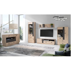 Elutoa mööblikomplekt koos 2 kapi, küljepaneeli ja madala lauaga, tamme värvi, söeaktsentidega, kaasaegne 5-osaline komplekt