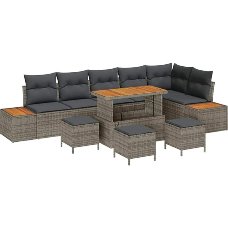 Rantry 10-teiliges Garten Sofa Set mit Kissen Grau Poly Rattan Akazie Gartenlounge Model3362943