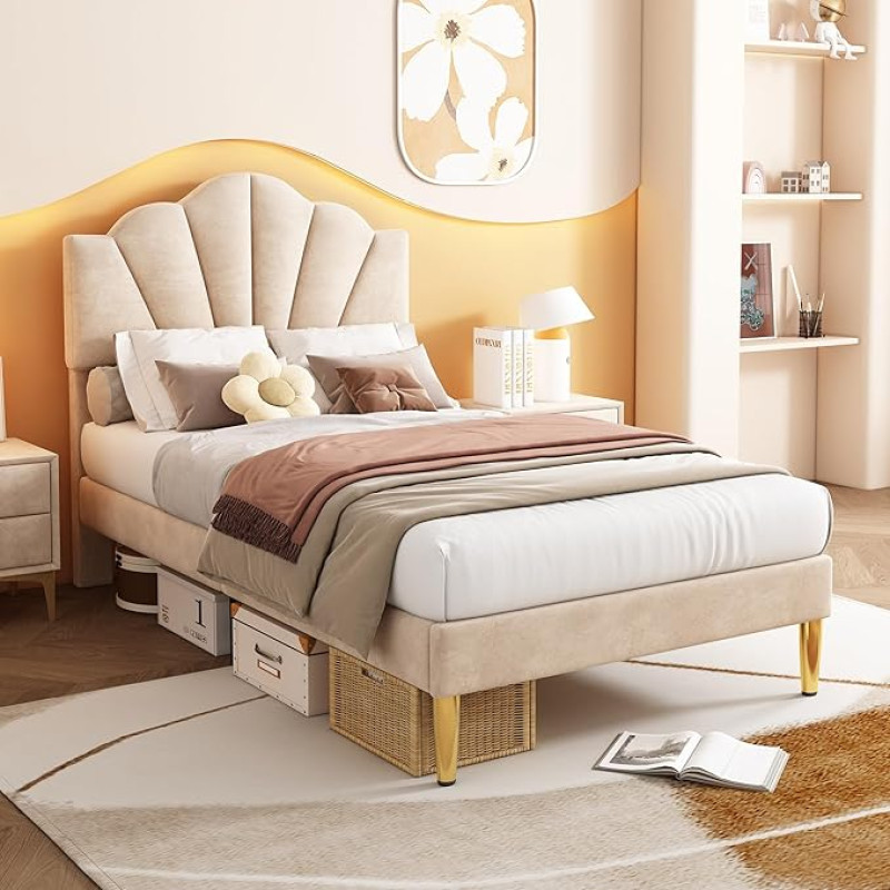 BTM üheinimesevoodi, 3ft x 7ft polsterdatud üheinimesevoodi, Shell Like Velvet voodi kuldsete rauajalgadega ja reguleeritava kõrgusega pealaud, puidust lamellidega sametvoodi, beež