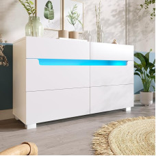 ModernLuxe puidust kapp 6 sahtliga, LED-valgustus (juhtimine rakenduse kaudu), kaasaegne panipaigamööbel elutuppa ja magamistuppa, 71 x 120 x 40 cm, valge