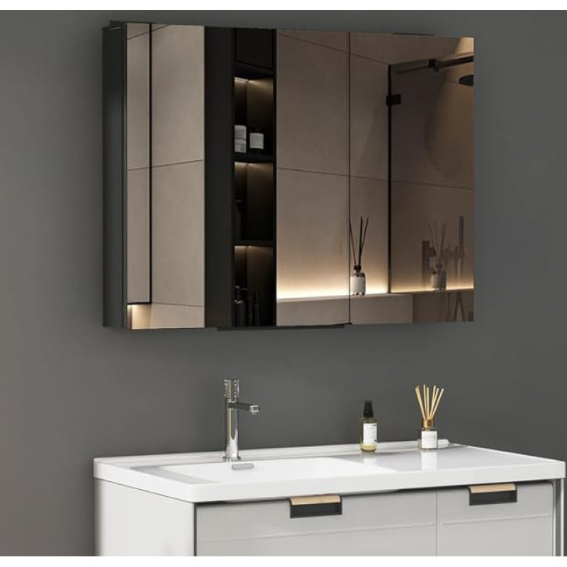 WDWRITTI Peegelkapp 60 x 80 x 13 cm Vannitoa kabinet Metall Vannitoa kabinet Meditsiinikapp Peegelkapp 2 klaasriiuliga Vannitoa seinakapp koos peegliga