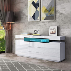 Sideboard High Gloss LED Sideboard kapp 2 ukse ja 3 sahtliga kaasaegne elutoa magamistoa mööbel 160 x 72 x 35 cm (valge)